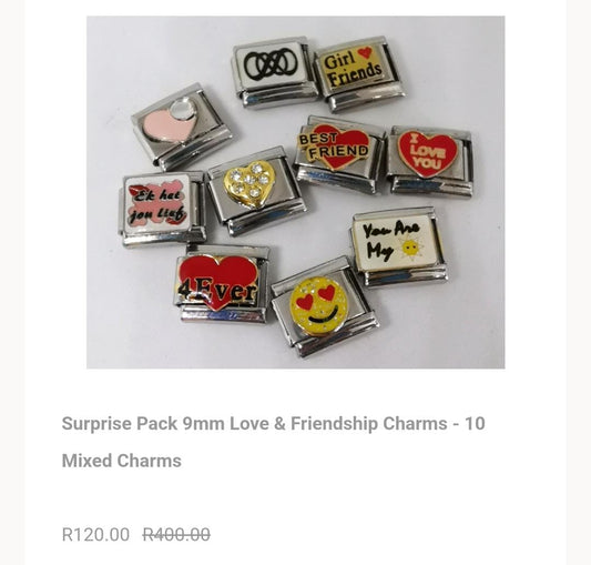 Surprise Pack 9mm Love & Friendship Charms-10  mixed Charms